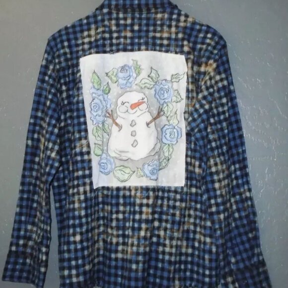 A Rare Bird Bleached Blue Black Plaid Flannel Button Up Shirt Snowman patch - Picture 1 of 8